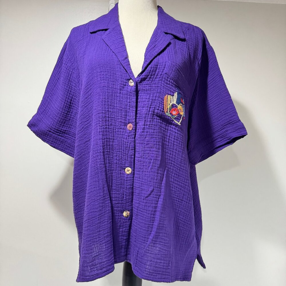 JOHNNY WAS BIYA Purple Embroidered Cotton Muslin "LOVE" Blouse